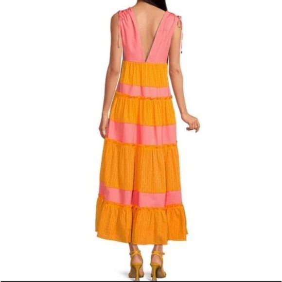 Take 50% OFF- LDT Women’s V-neck Maxi Orange and Pink Color Block Dress, Size-8 - Picture 2 of 13